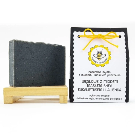 Naturalne mydło WĘGLOWE Z MIODEM, MASŁEM SHEA, EUKALIPTUSEM I LAWENDĄ - Miodowa Mydlarnia