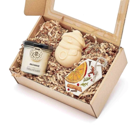 Świąteczny zestaw prezentowy - Mydło BAŁWANEK, Świeca sojowa BROWNIE i zawieszka sojowa - Miodowa Mydlarnia