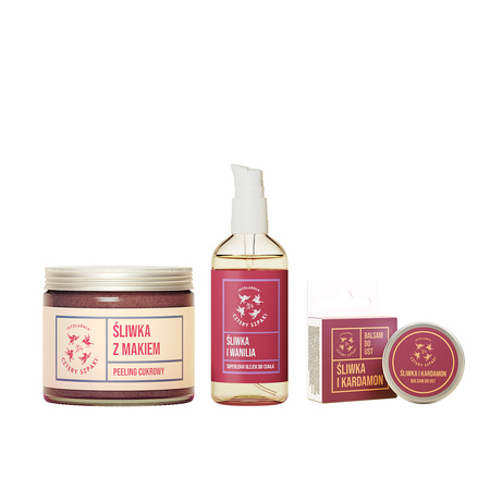 Świąteczny zestaw prezentowy - SŁODKA ŚLIWKA - Olejek do ciała, Peeling, Balsam do ust - Mydlarnia Cztery Szpaki