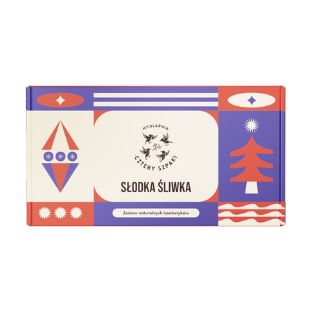Świąteczny zestaw prezentowy - SŁODKA ŚLIWKA 2 - Olejek do ciała, Mydło w kostce, Balsam do ust - Mydlarnia Cztery Szpaki